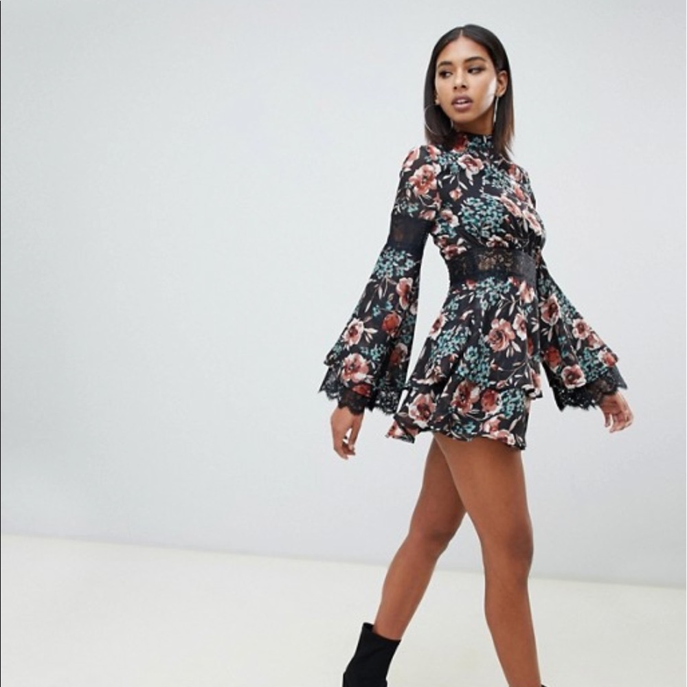 Missguided Floral Lace Trim Tea Dress